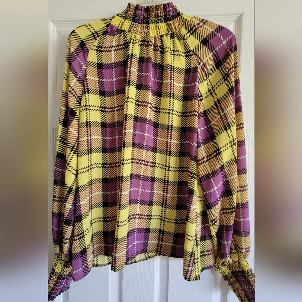 Yellow & purple mock neck blouse